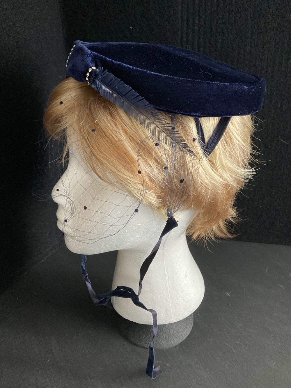 Vintage Navy Velvet Pillbox Hat with Veil, Rhinestones and Feather